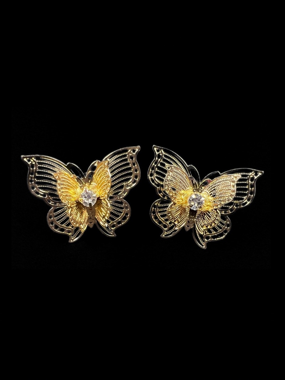 Gold Tone Filigree Butterfly Rhinestone Stud Earrings Fairycore 3D Insects Bugs